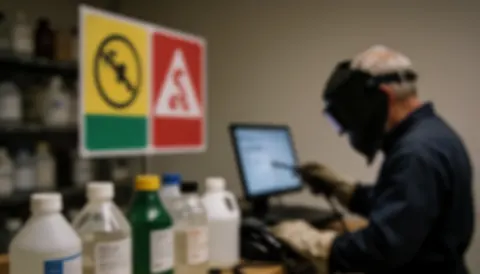 Out of focus background of a chemical storage area containing bottles and a hazard warning sign, suitable for commercial text overlays.
