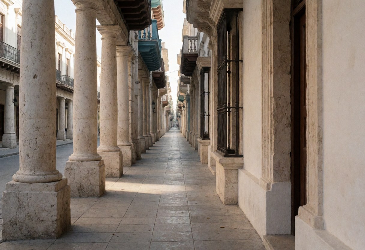 Narrow colonial street featuring stone columns, clean pavement, and historic architecture in a pedestrian area, suitable for bicycle taxi storefronts.