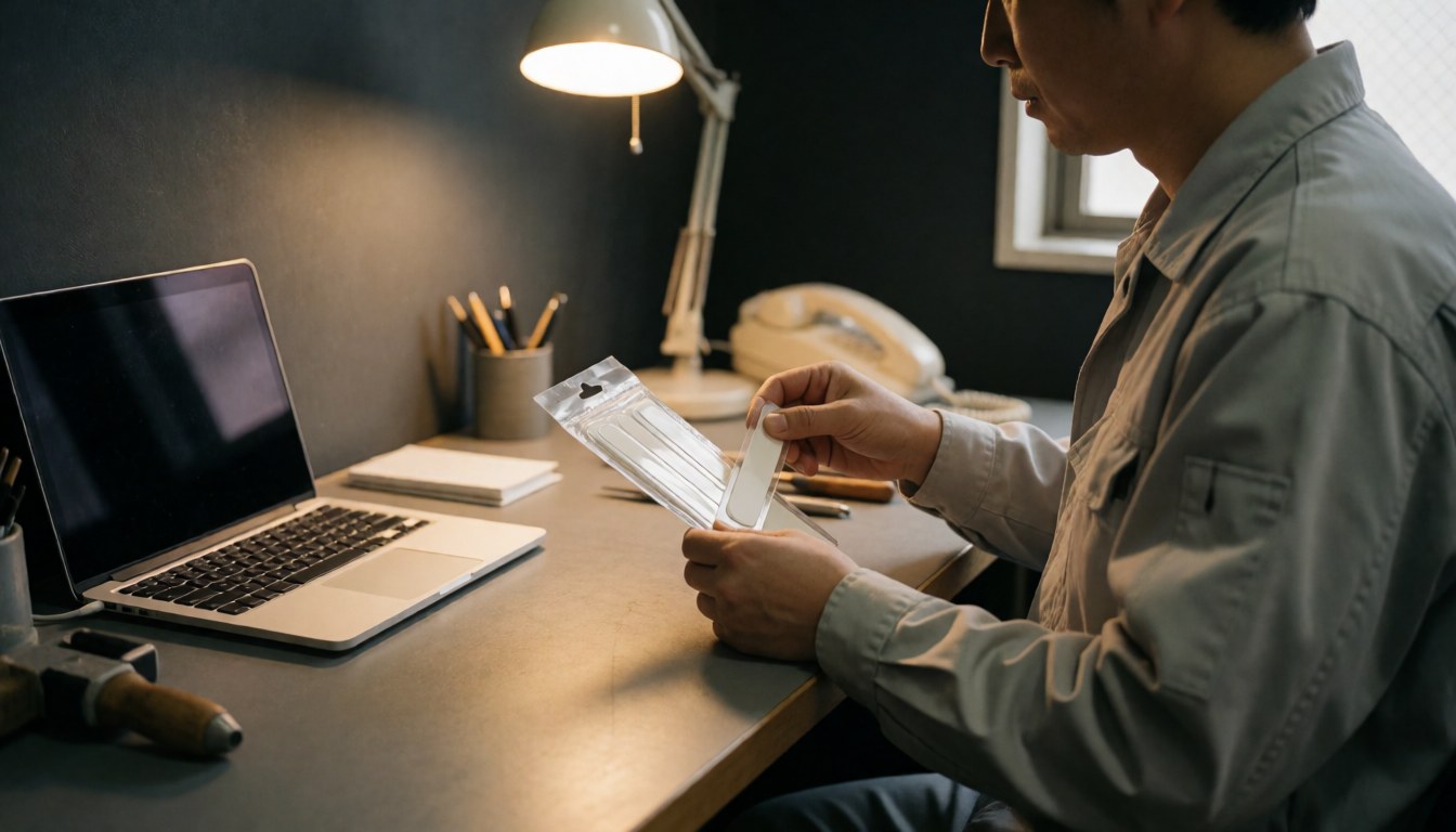 Technician opening adhesive strips for phone repair on a workbench with warm lighting and gray walls