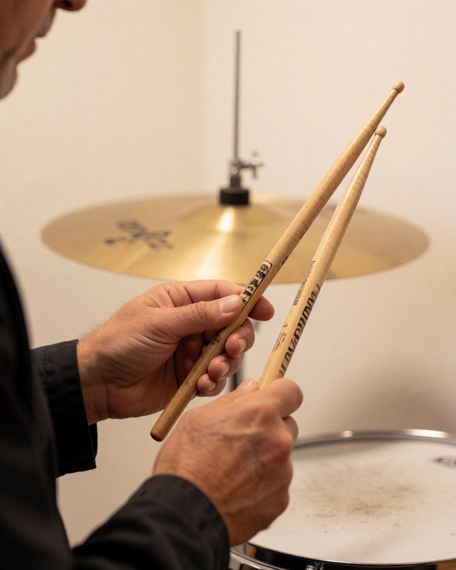 Close-up of hands adjusting the grip on wooden drumsticks in front of a cymbal at a music academy with white walls.