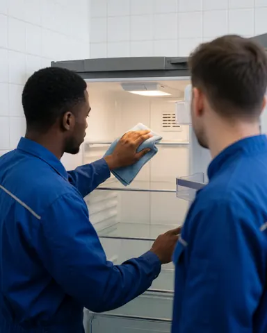 Technician in blue uniform cleaning the inside of a refrigerator with a microfiber cloth in a tiled room with interior light on