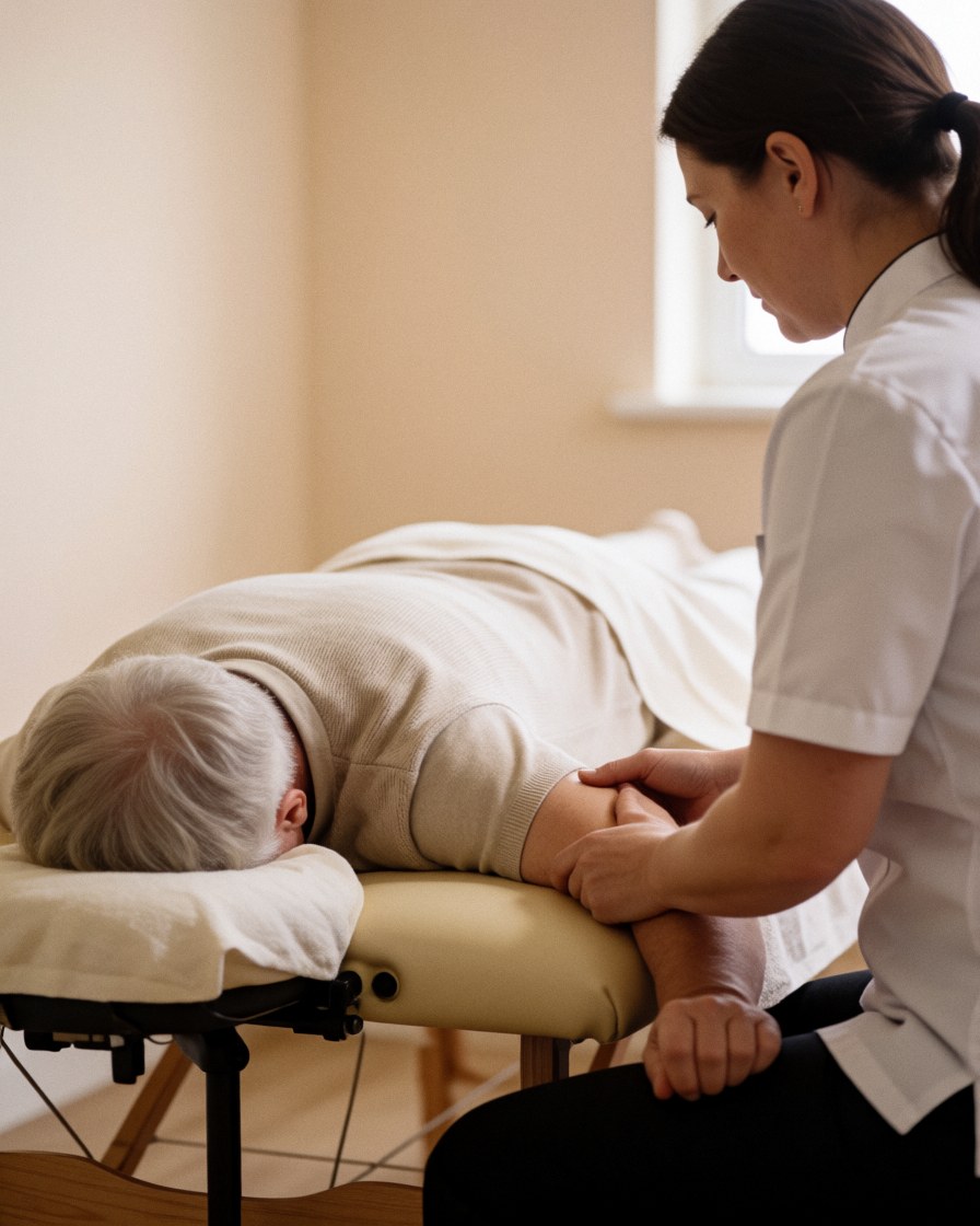 Therapist performing myofascial release on a client's arm during a sports massage session