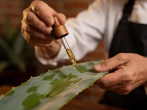 Close-up of a hand using a dropper to apply oil onto a green agave leaf against a brick background for reflexology treatment