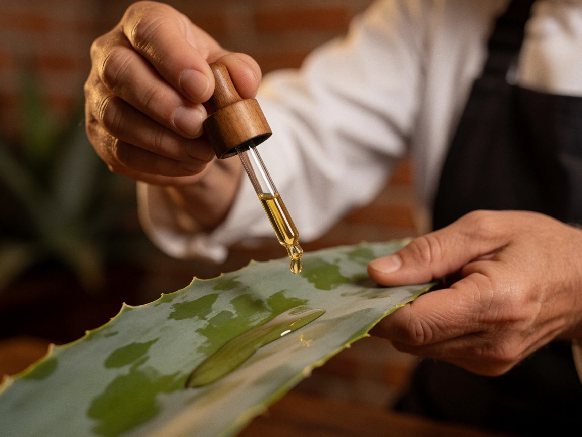 Close-up of a hand using a dropper to apply oil onto a green agave leaf against a brick background for reflexology treatment