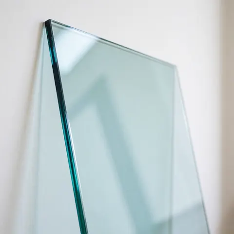 A thick tempered glass panel with a blue edge stands against a white wall, reflecting light to show its durability and transparency.