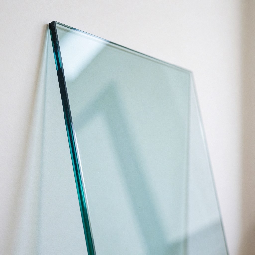 A thick tempered glass panel with a blue edge stands against a white wall, reflecting light to show its durability and transparency.