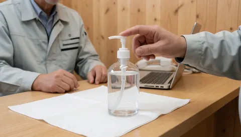 A hand presses the top of an alcohol dispenser placed on a white towel atop a light wooden table in a workspace with wood-paneled walls.