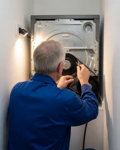 Technician in blue uniform adjusts transmission belt on washing machine with open back panel under wall light