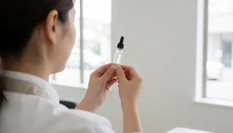 Close-up of a hand holding a small vial of clear adhesive against a bright white background with large windows.