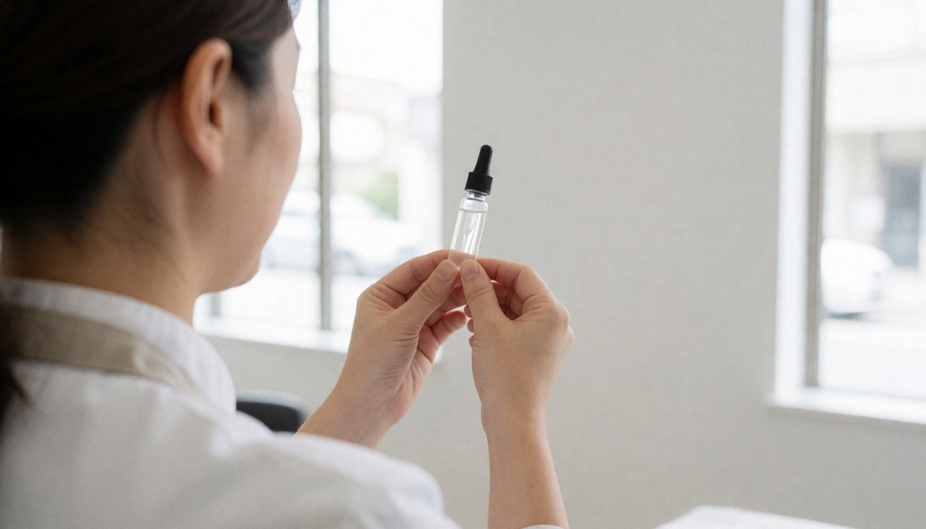 Close-up of a hand holding a small vial of clear adhesive against a bright white background with large windows.