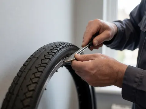 Close-up of a hand using a metal tire lever to remove a bicycle tire from the rim in a workshop setting