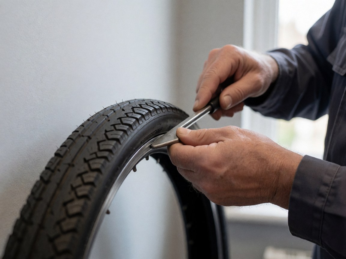 Close-up of a hand using a metal tire lever to remove a bicycle tire from the rim in a workshop setting
