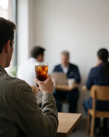 A relaxed customer enjoying a cold beverage in a bright cafe with natural light, white walls, and wooden tables.