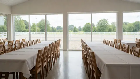 Event space featuring long tables and wooden chairs, large windows overlooking a horse track and white fencing, suitable for equestrian centers.