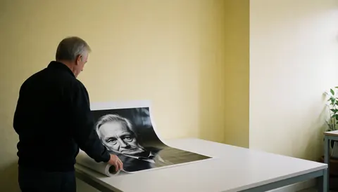 A professional photographer unrolls a large black and white portrait poster on a white table in a studio with yellow walls.