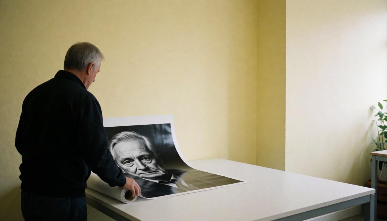 A professional photographer unrolls a large black and white portrait poster on a white table in a studio with yellow walls.
