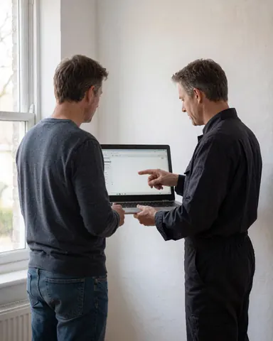 A plumber in uniform displays pipe repair details on a laptop screen for a client in a home with white walls and natural light.