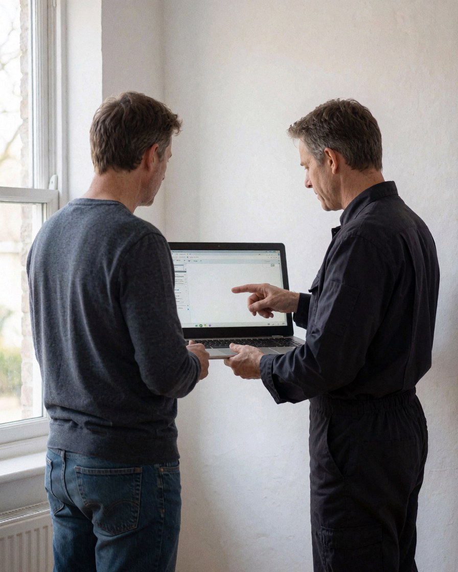 A plumber in uniform displays pipe repair details on a laptop screen for a client in a home with white walls and natural light.