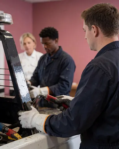Technician wearing gloves working on tow truck equipment in a workshop with pink walls