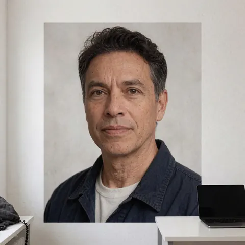 Printed portrait of a man in a studio with a white wall, laptop, and casual clothing, featuring soft professional lighting.