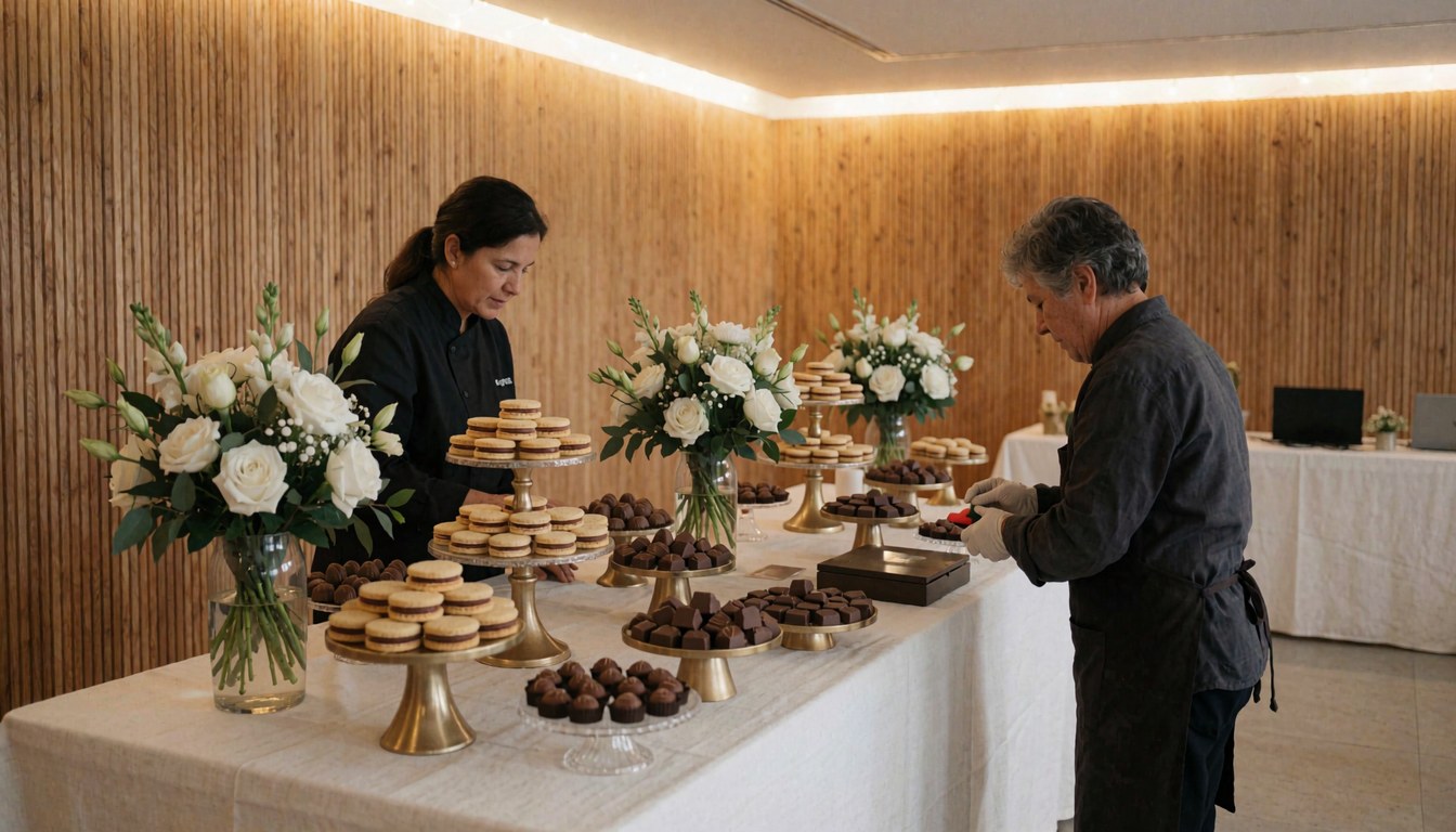 A dessert table featuring alfajores and chocolates arranged with white flowers in vases on a white tablecloth against wooden walls