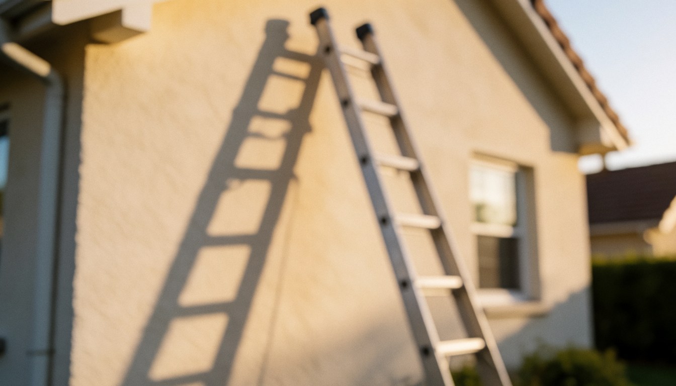 A ladder leans against a stucco wall casting a long shadow in the golden light of sunset, serving as a textured background for wall repair text.