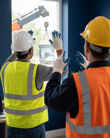 Two workers wearing hard hats and vests directing a crane through a window with blue walls at a construction site