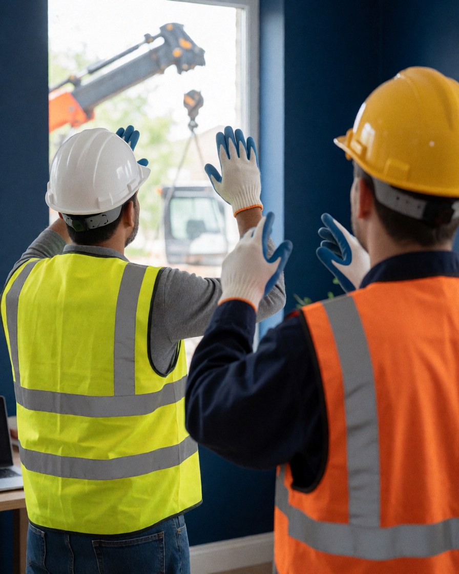 Two workers wearing hard hats and vests directing a crane through a window with blue walls at a construction site