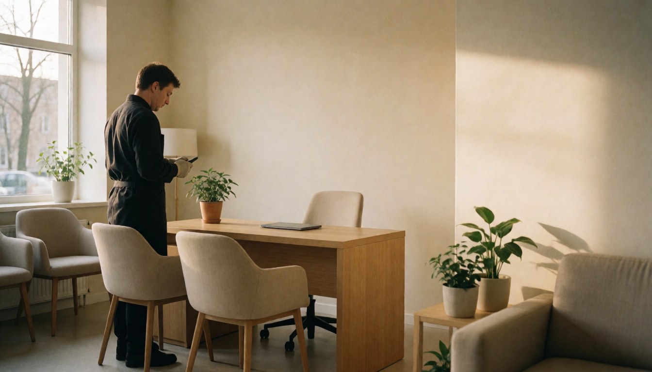 Bright modern clinic reception area featuring beige walls, wooden table, chairs, and plants with natural light streaming through the window