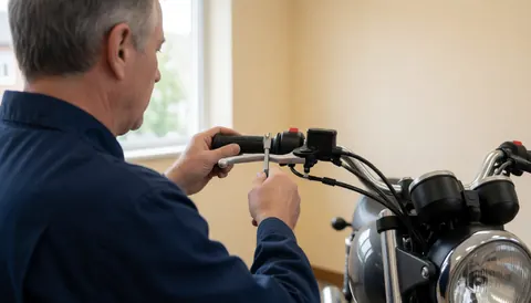 Close-up of a mechanic adjusting a black handlebar grip on a motorcycle in a workshop with beige walls and natural light.