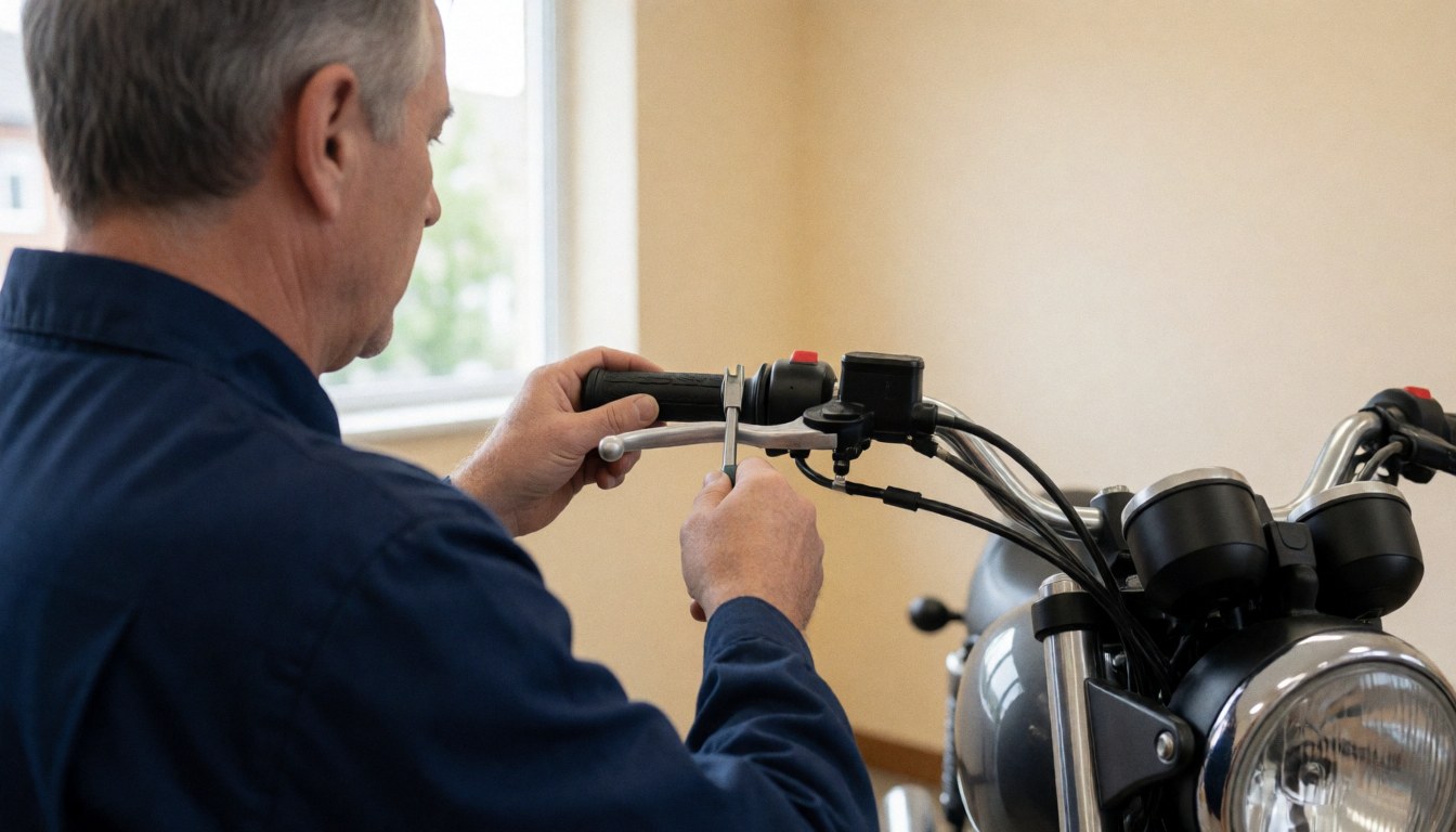 Close-up of a mechanic adjusting a black handlebar grip on a motorcycle in a workshop with beige walls and natural light.