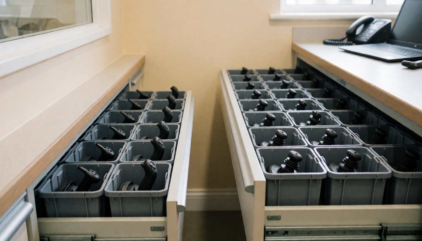 Organized boxes containing console joysticks and springs in a repair shop, showing professional inventory.