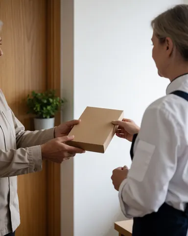 A receptionist hands a package to a customer in an office with white walls and a plant in the background.