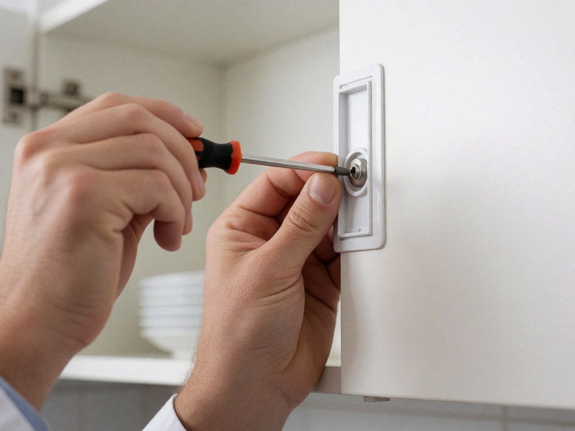 Hands adjusting a kitchen cabinet hinge: detail photo for furniture assemblers websites