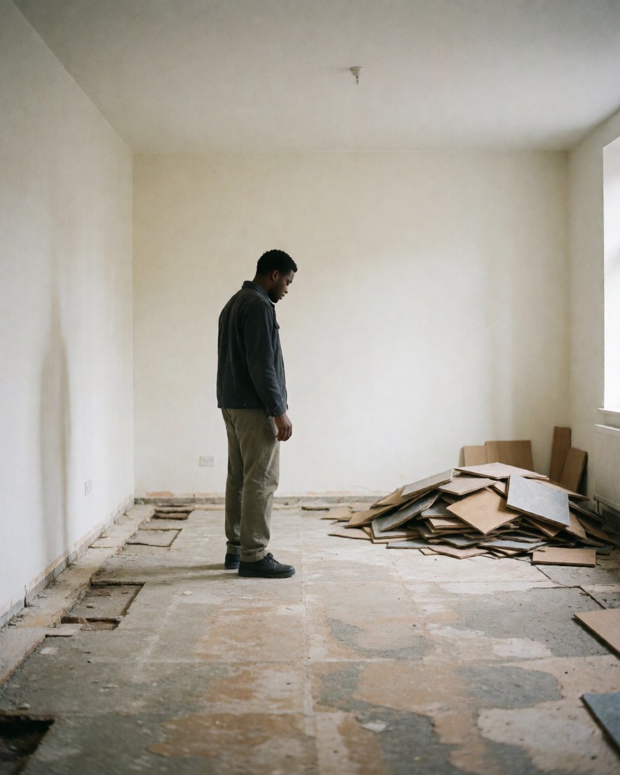 A customer observes cork floor planks being installed in a room with white walls and natural light, with a stack of planks in the corner.