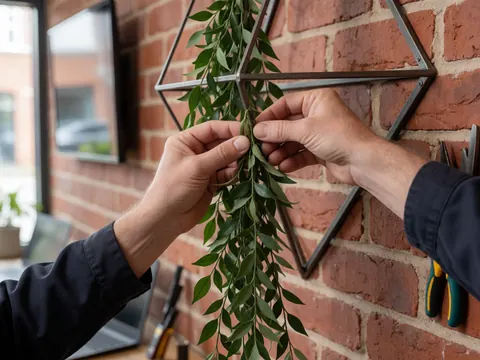 Hands adjusting a green garland on a metal frame against a brick wall with tools visible for event decoration.