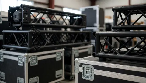 Background of warehouse with trusses and black cases for event lighting equipment, ideal for commercial texts.