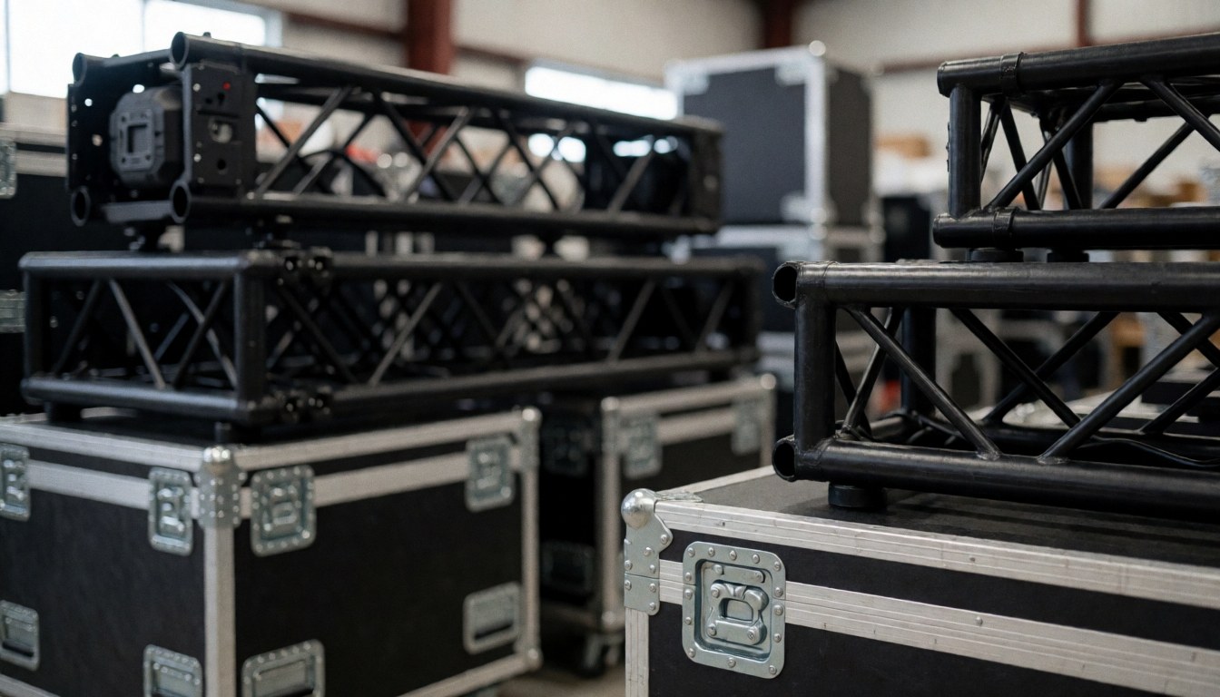 Background of warehouse with trusses and black cases for event lighting equipment, ideal for commercial texts.