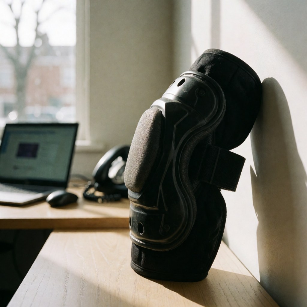 black foam knee brace resting against a wall in an office with natural light