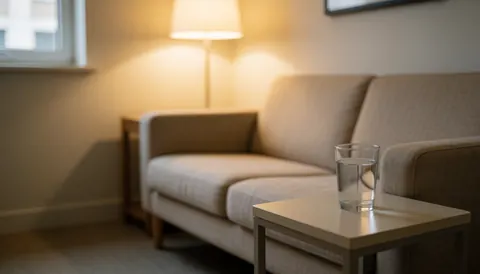 A beige sofa and side table with a glass of water in a waiting room with a lamp and light walls, ideal for beauty services.