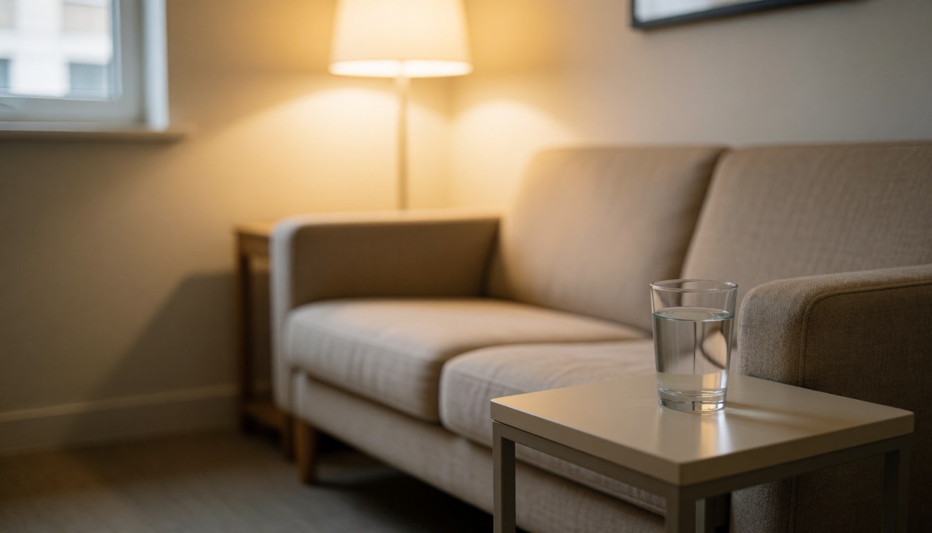 A beige sofa and side table with a glass of water in a waiting room with a lamp and light walls, ideal for beauty services.