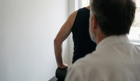 A client uses a foam roller while a personal trainer assists them in a bright room with white walls and natural light.