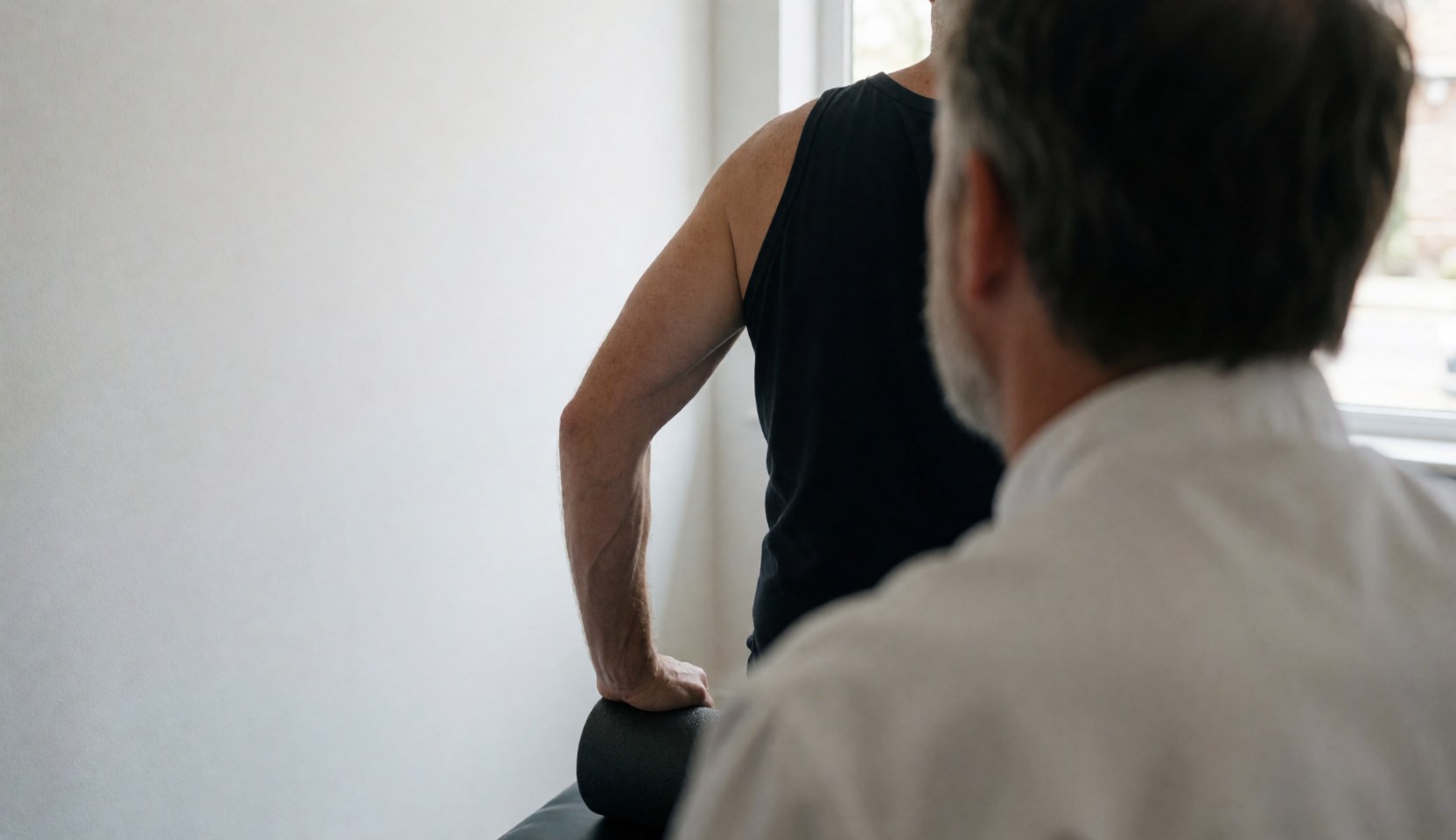A client uses a foam roller while a personal trainer assists them in a bright room with white walls and natural light.