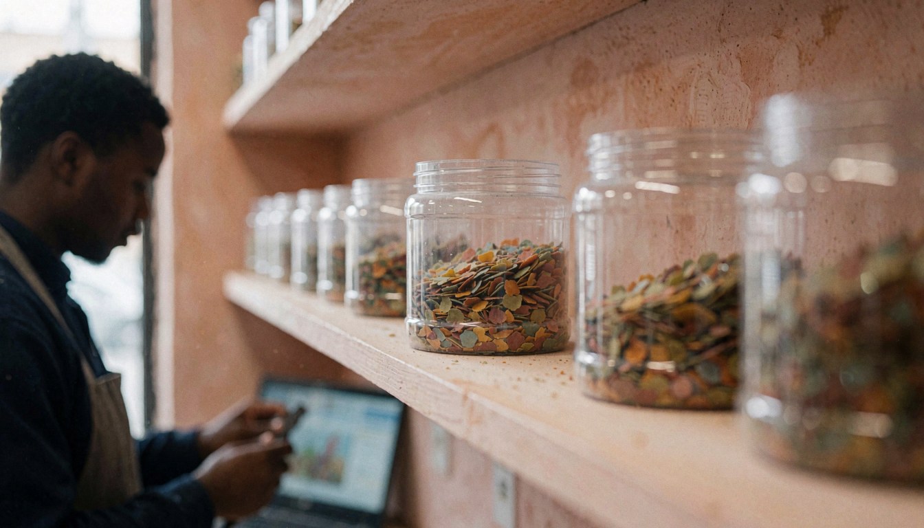 Jars of fish food displayed in an aquarium shop with terracotta walls and a staff member working on a laptop.