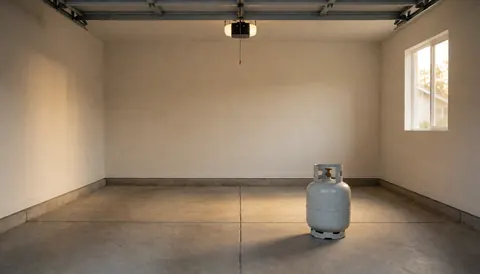 A twenty pound propane tank sitting on a concrete floor in an empty residential garage with natural light