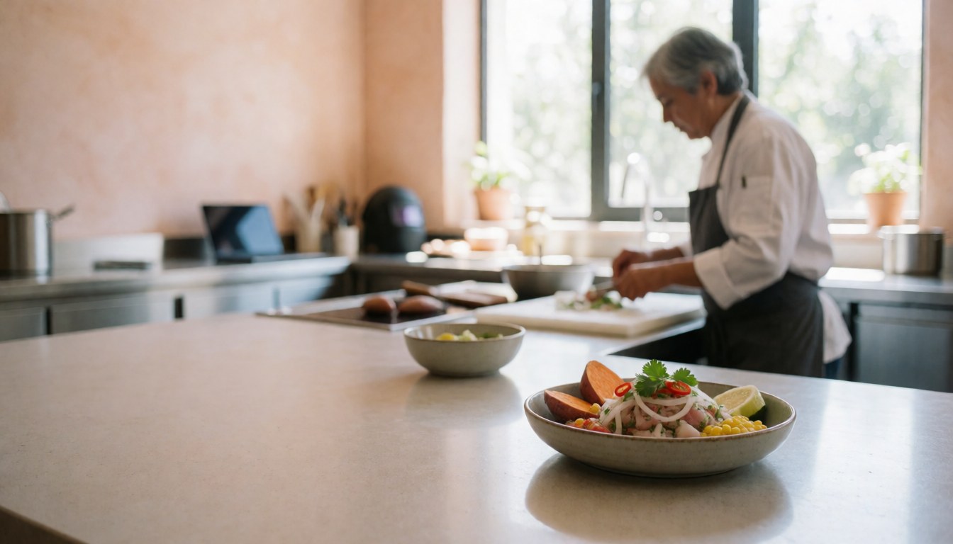 Fresh ceviche with raw fish, onion, cilantro, and chili in a ceramic bowl on a kitchen counter with terracotta plaster walls and natural light