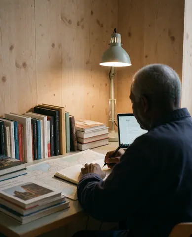 A person writing in a notebook surrounded by maps and books in a writing school with wooden walls and warm lighting