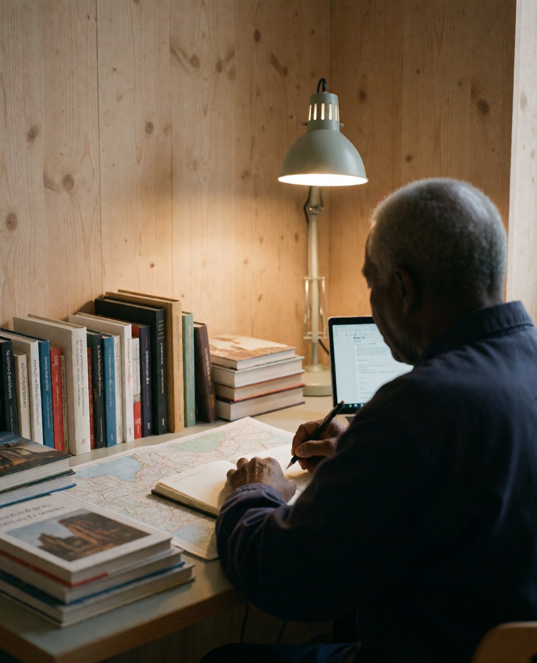 A person writing in a notebook surrounded by maps and books in a writing school with wooden walls and warm lighting
