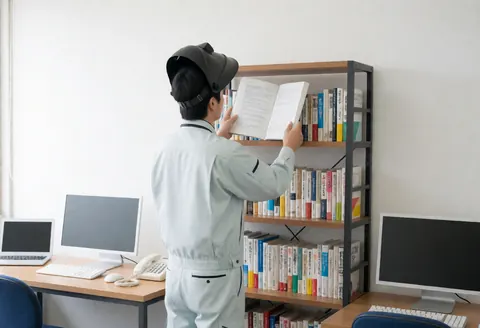 Technician in uniform reading a technical boiler manual in a clean office with shelves and computers