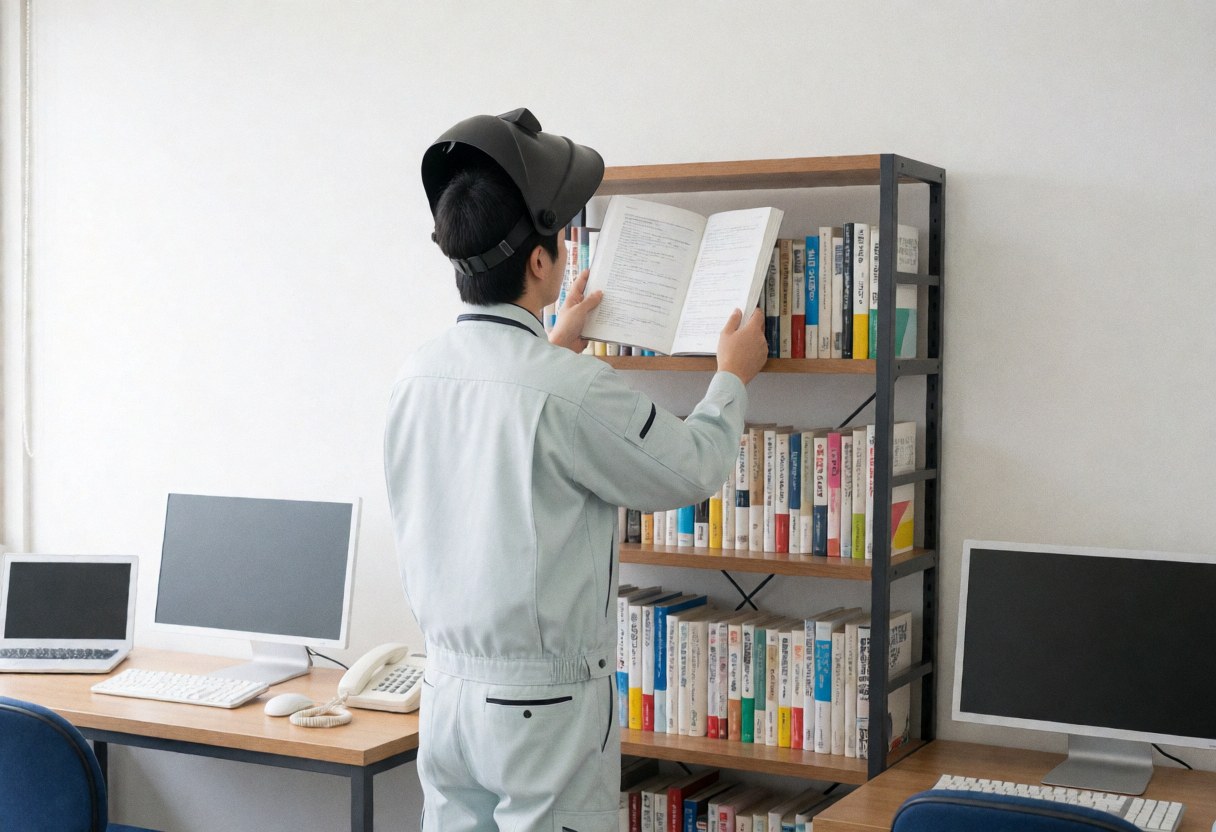 Technician in uniform reading a technical boiler manual in a clean office with shelves and computers